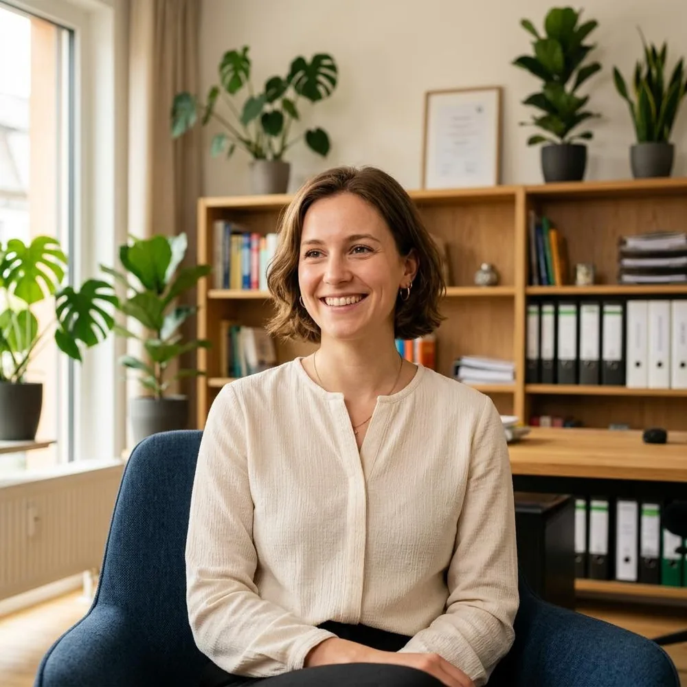 KI-generiertes Beispielportrait einer jungen Frau im Büro