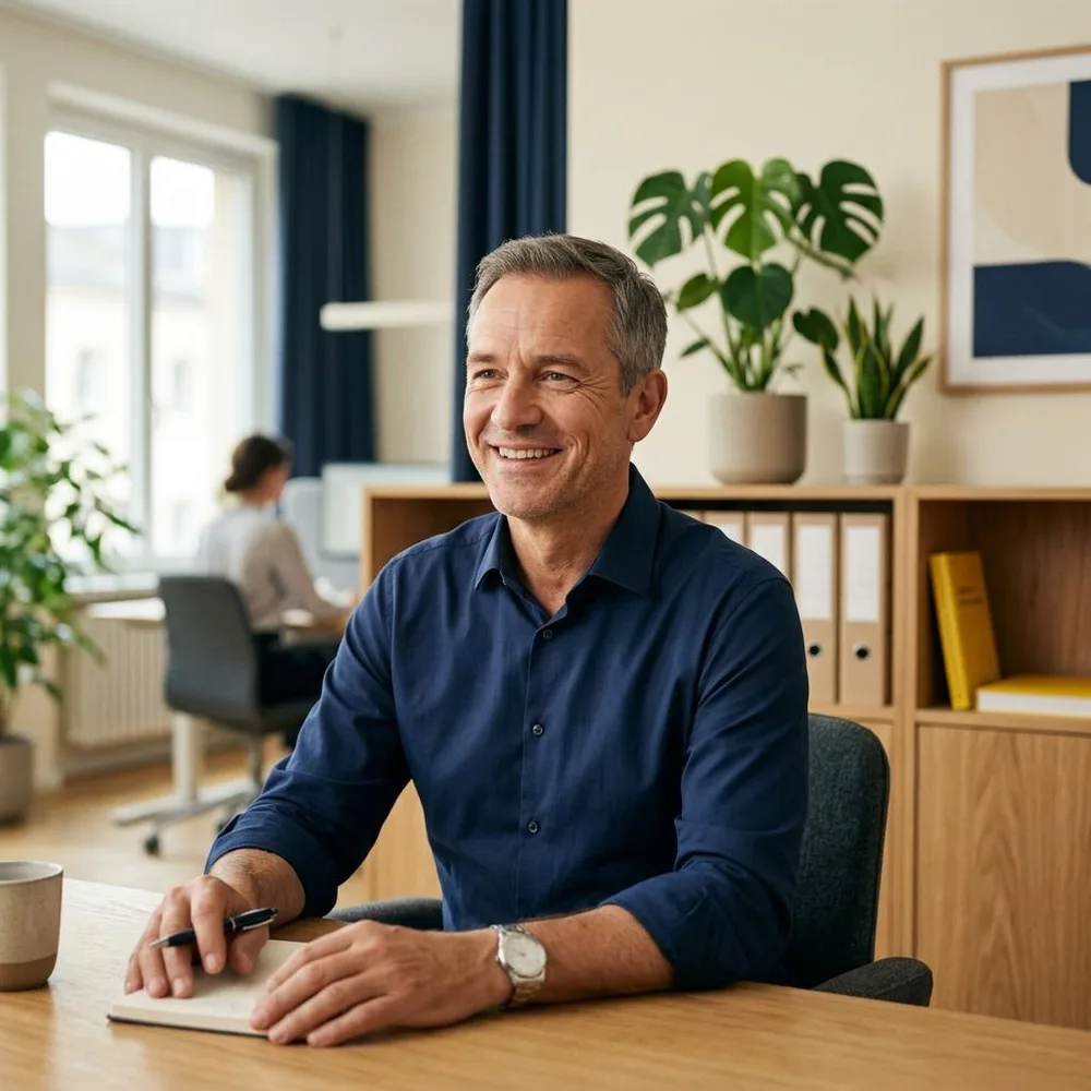 KI-generiertes Beispielportrait eines lächelnden Mannes im Büro