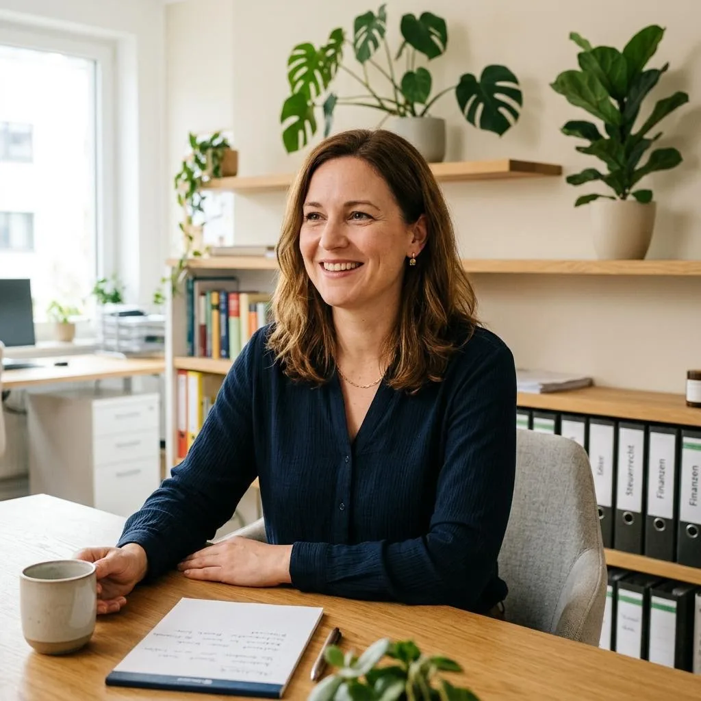 Fiktive Gesprächssituation: eine Frau sitzt für ein Interview in einem hellen Büro