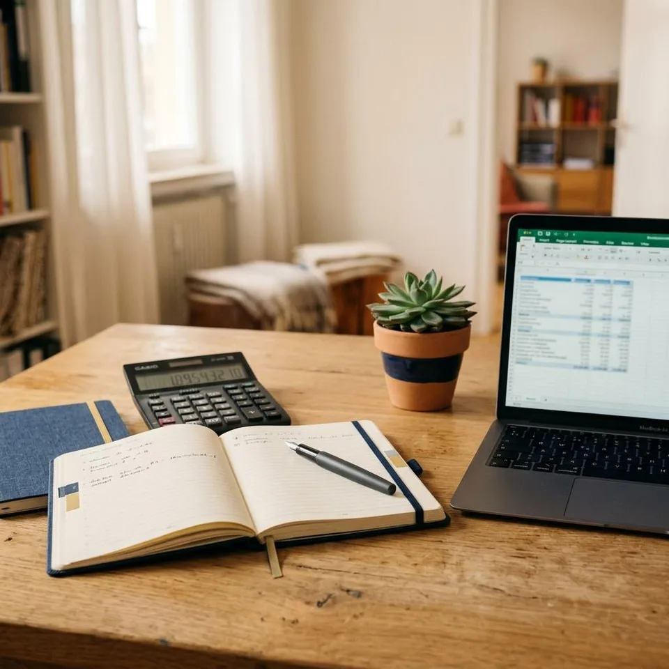 Heller Holztisch mit aufgeschlagenem Notizbuch, Taschenrechner, Laptop mit Tabelle und kleiner Pflanze vor einem Fenster